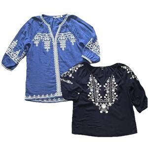 LOT OF 2 Soft Surroundings and Talbots Embroidered Blouses Blue Petite Small